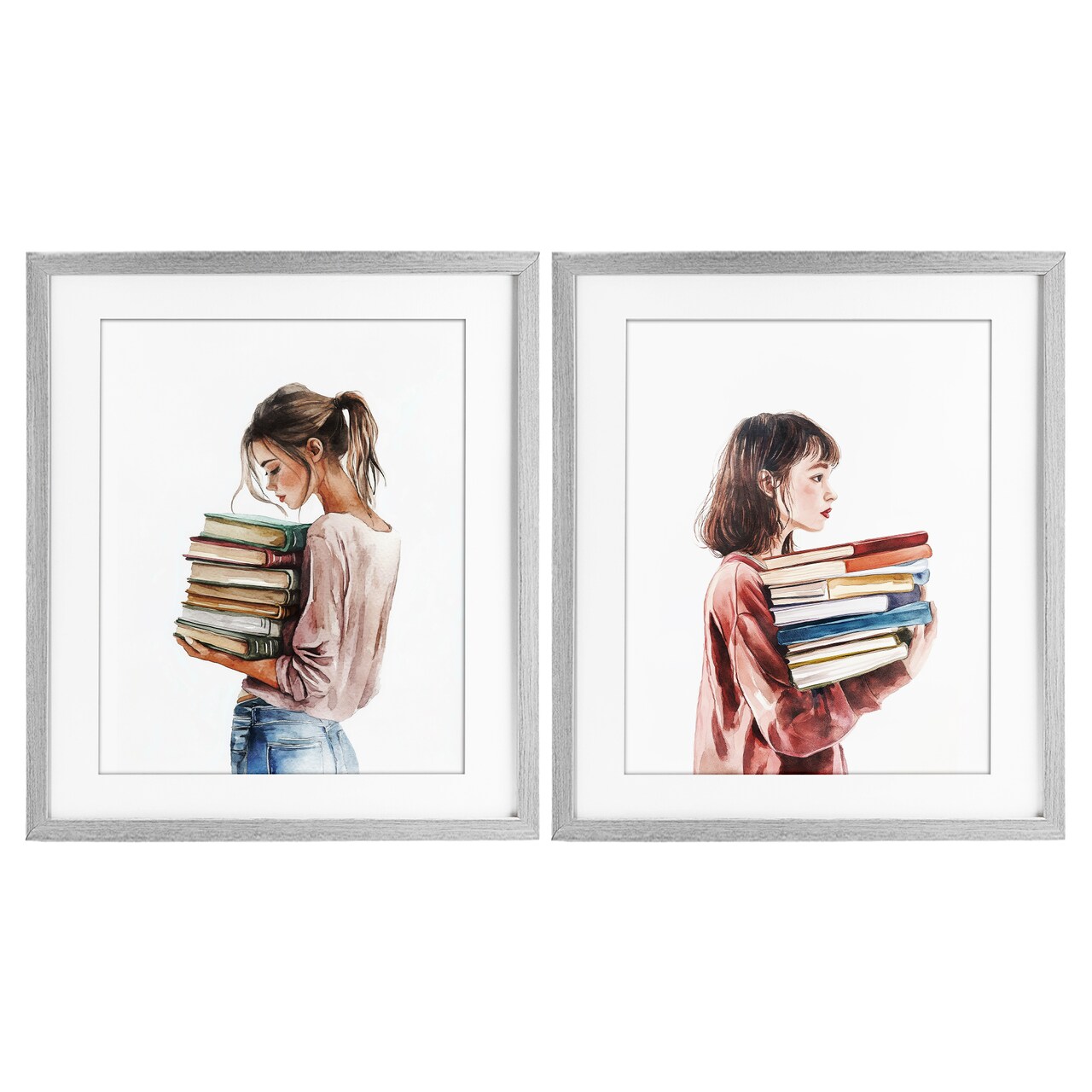 Stupell Industries Girls & Library Book Stacks 2pc Framed Print Under Glass Set, design by Svetlana Aleynikova